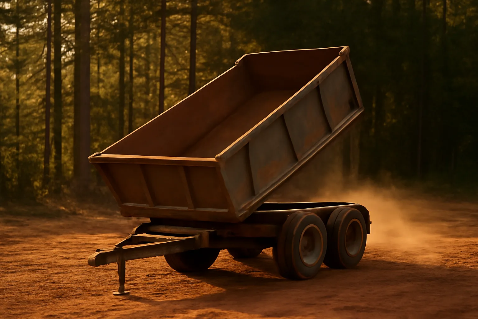 Unmarked dump trailer parked on red Georgia clay near pines