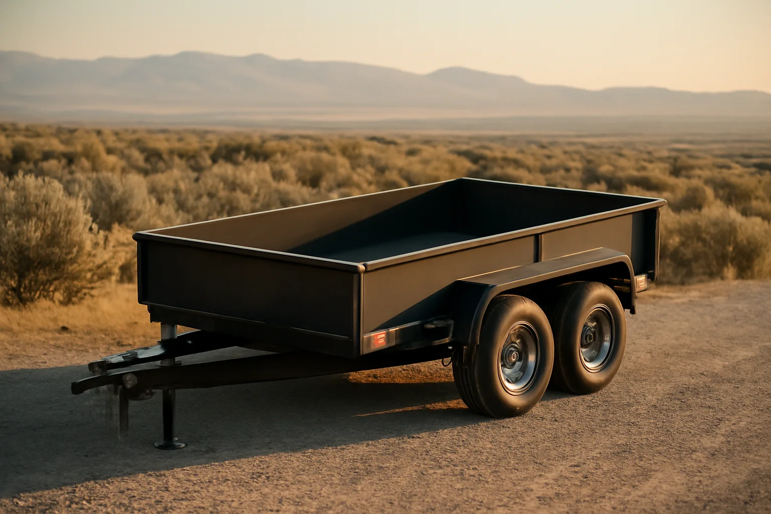 Steel dump trailer on gravel in Idaho Treasure Valley afternoon