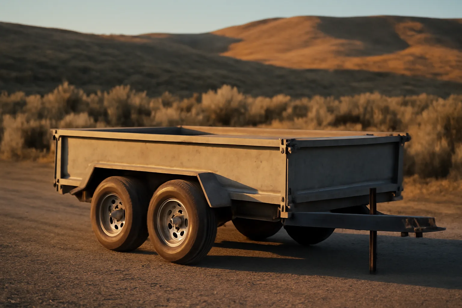 Empty dump trailer parked on gravel in rural Idaho light