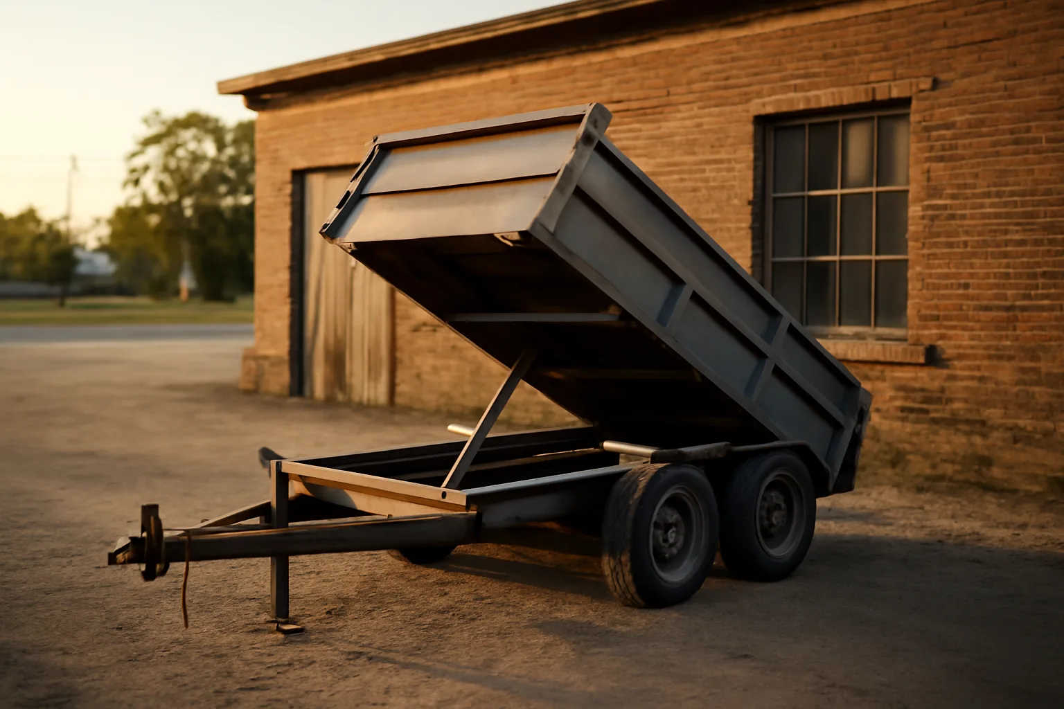 Bare dump trailer on gravel beside an Illinois workshop