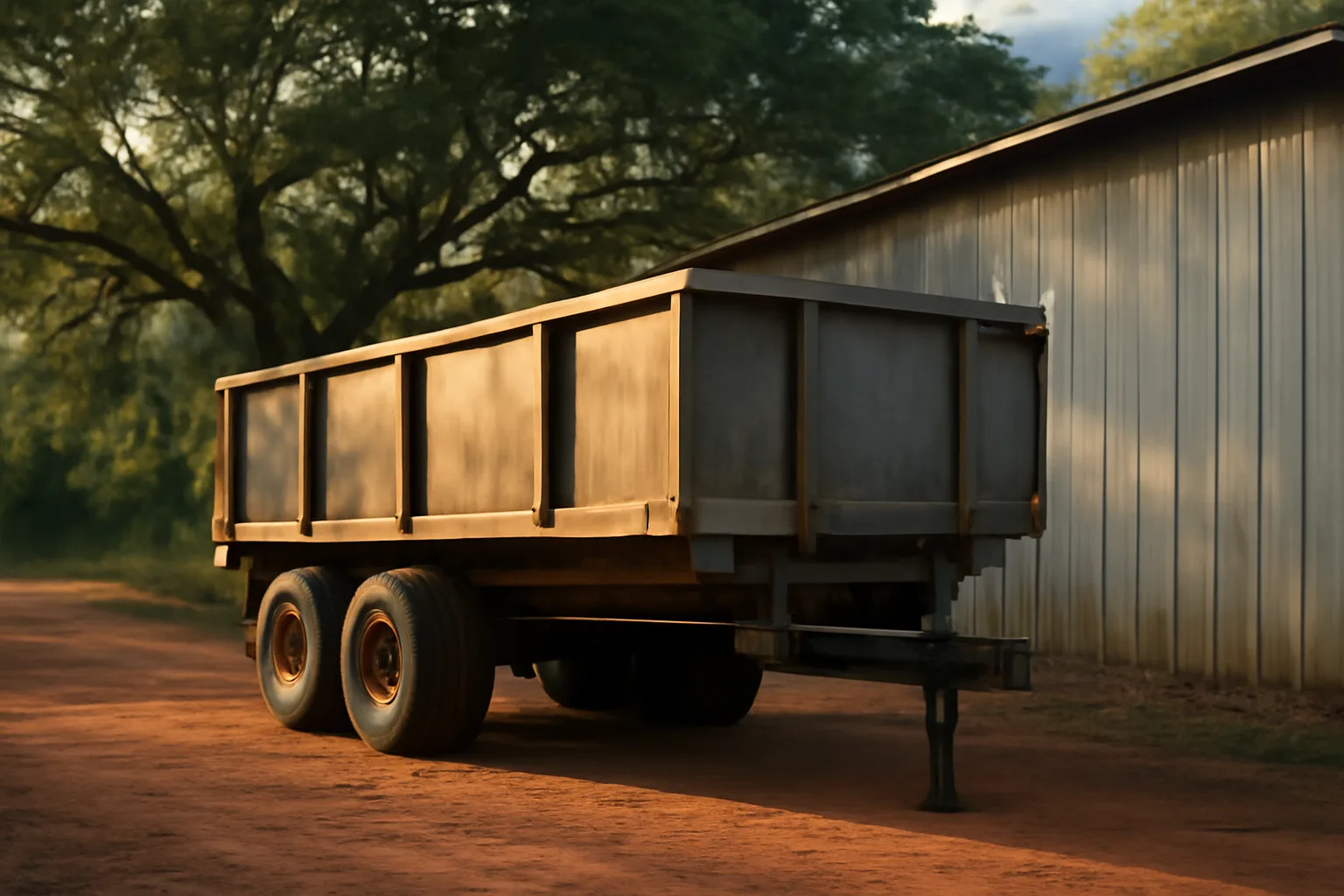 Dump trailer for rental parked on red Georgia clay