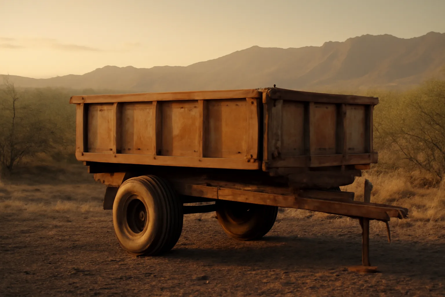 Empty dump trailer parked on crushed rock in late Hawaiian light
