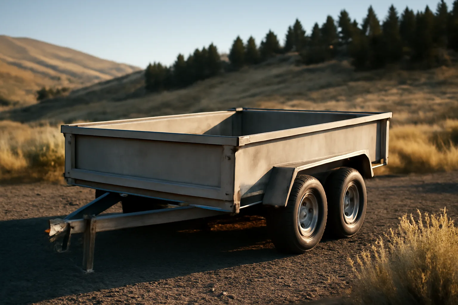 Unbranded dump trailer parked on gravel in the Idaho foothills