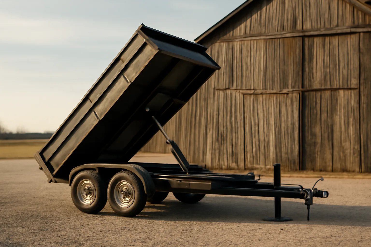Empty dump trailer parked by a barn in Illinois afternoon light